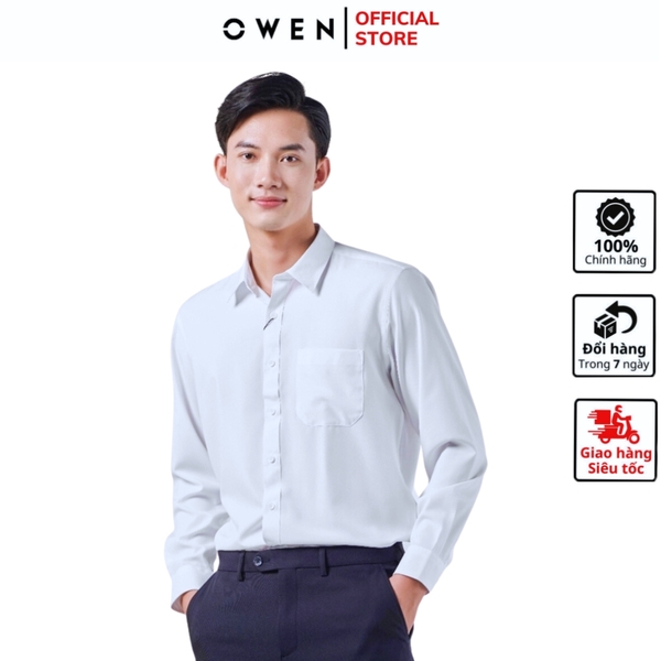 Áo Sơ Mi Trắng Nam Tay Dài Owen AR230321DT (AR240308DT-AR250304DT) màu trắng trơn dáng regular fit tà lượn có túi chất liệu café