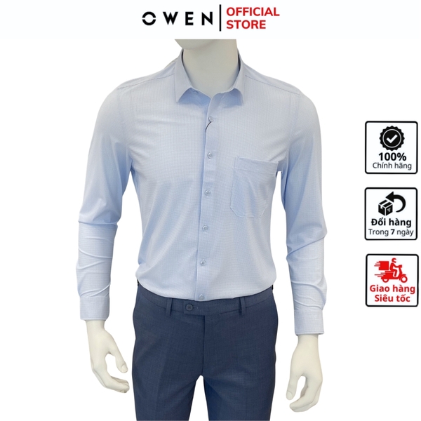 Áo Sơ Mi Nam Tay Dài Owen AR230533DT màu in xanh trắng dáng regular fit tà lượn có túi chất liệu knit