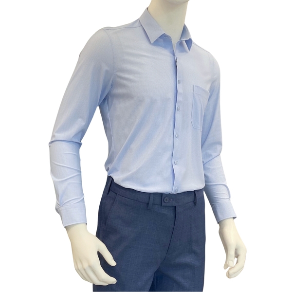Áo Sơ Mi Nam Tay Dài Owen AR230533DT màu in xanh trắng dáng regular fit tà lượn có túi chất liệu knit