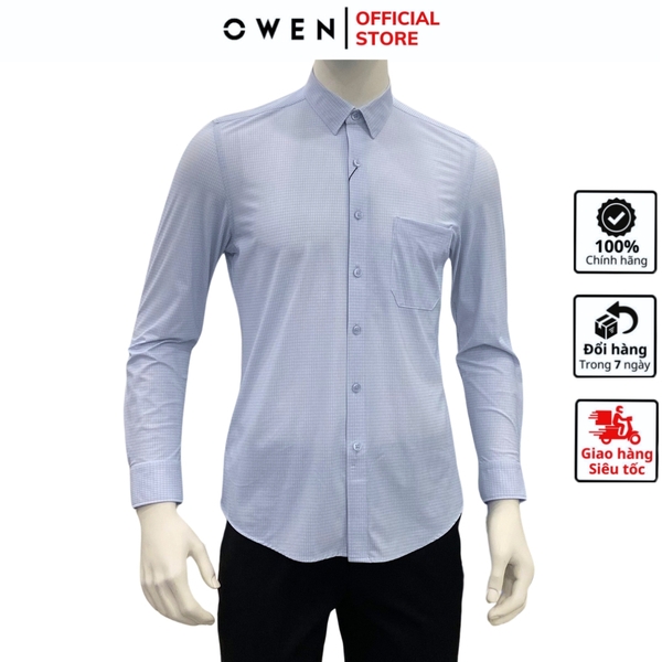 Áo Sơ Mi Nam Tay Dài Owen AR230523DT màu in xanh trắng Dáng regular fit tà lượn không túi chất liệu Knit