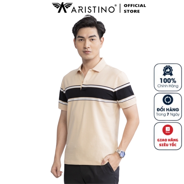 Áo Thun Polo Nam Cổ Bẻ Aristino APS118S3 màu Be 78 kẻ Jacquard