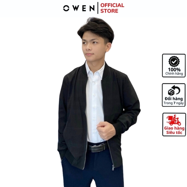 Áo Khoác Bomber Nam Owen JK220712 Jacket Dáng suông Bo Cổ Tay Và Gấu Màu Kẻ Xám Đậm Vải Polyester Cao Cấp