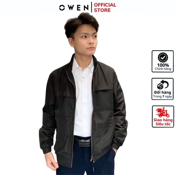 Áo Khoác Gió Nam 2 Lớp Owen JK220708 Jacket Dáng Suông Cổ Đứng Bo Tay và Gấu Màu Đen Trơn Vải Polyester Cao Cấp