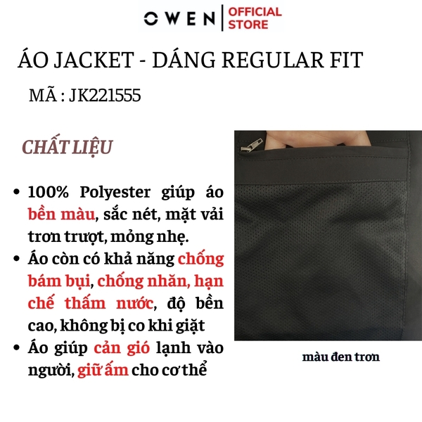 Áo Khoác Jacket Owen JK221555 Màu đen Dáng Regular Fit có mũ Vải Polyester