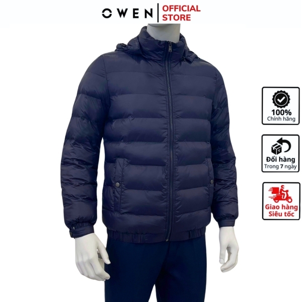 Áo Khoác Jacket Owen JK231838 màu navy đậm dáng regular fit có mũ có thể tháo rời, bo tay, bo gấu chất liệu polyester