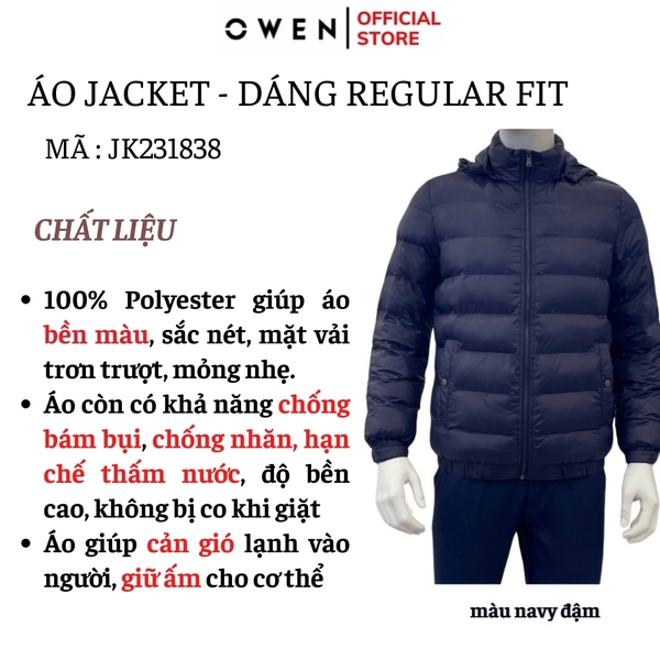 Áo Khoác Jacket Owen JK231838 màu navy đậm dáng regular fit có mũ có thể tháo rời, bo tay, bo gấu chất liệu polyester