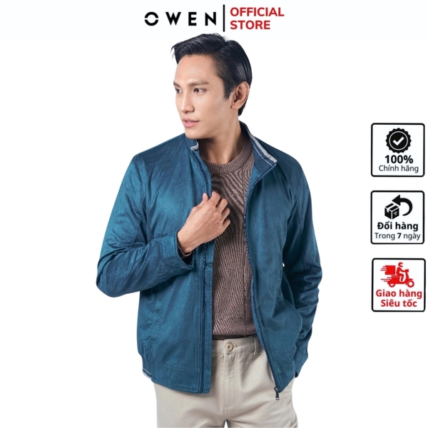 Áo Khoác Gió Nam 2 Lớp Owen JK220713 Jacket Dáng Suông Cổ Đứng Bo Tay và Gấu Màu Navy Trơn Vải Polyester Cao Cấp