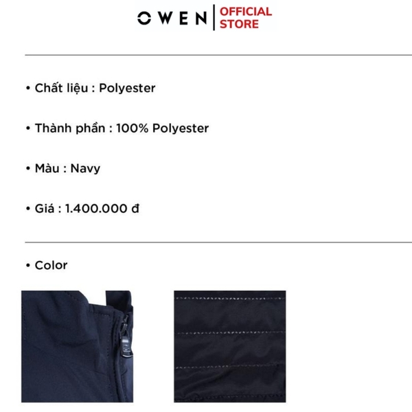 Áo Khoác Jacket Owen JK220728 Màu xanh navy Dáng Regular Fit Vải Polyester