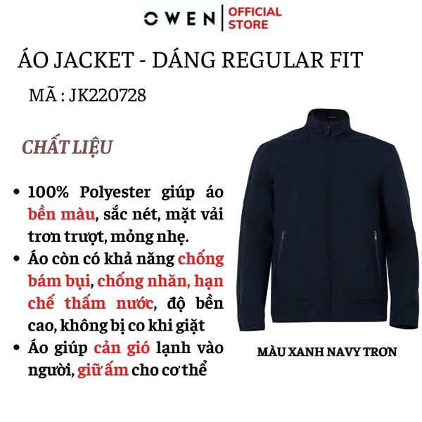 Áo Khoác Jacket Owen JK220728 Màu xanh navy Dáng Regular Fit Vải Polyester