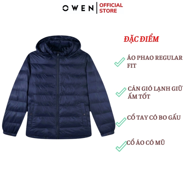 Áo Khoác Jacket Owen JK231838 màu navy đậm dáng regular fit có mũ có thể tháo rời, bo tay, bo gấu chất liệu polyester