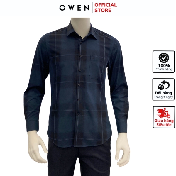 Áo Sơ Mi Nam Tay Dài Owen AR230701DT màu xanh đậm kẻ vuông Dáng suông tà lượn có túi chất liệu Viscose