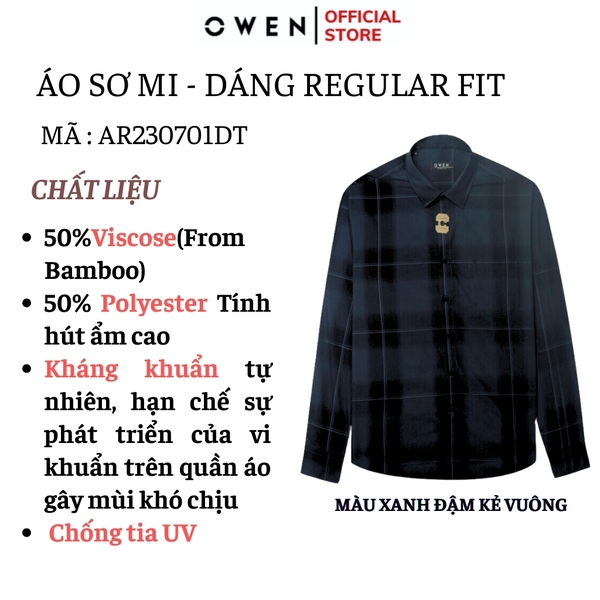 Áo Sơ Mi Nam Tay Dài Owen AR230701DT màu xanh đậm kẻ vuông Dáng suông tà lượn có túi chất liệu Viscose