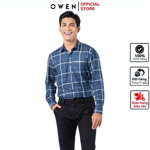 Áo Sơ Mi Nam Tay Dài Owen AR220908DT màu kẻ caro xanh trắng dáng regular fit tà lượn có túi vải sợi tre