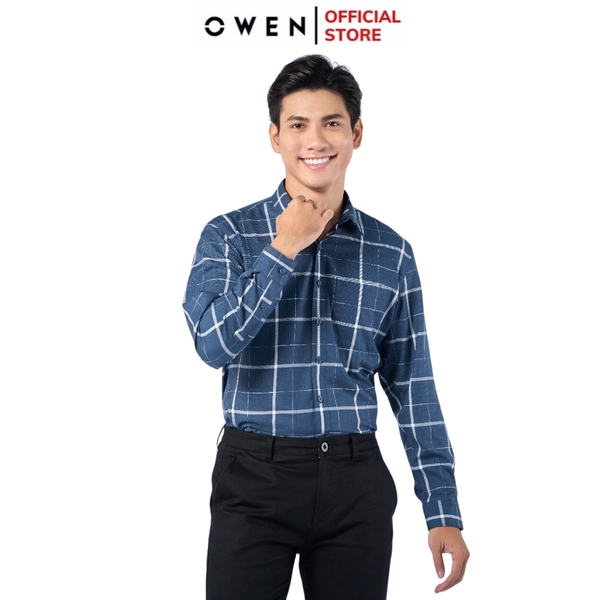 Áo Sơ Mi Nam Tay Dài Owen AR220908DT màu kẻ caro xanh trắng dáng regular fit tà lượn có túi vải sợi tre