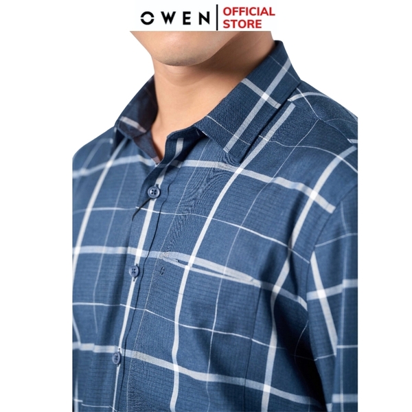 Áo Sơ Mi Nam Tay Dài Owen AR220908DT màu kẻ caro xanh trắng dáng regular fit tà lượn có túi vải sợi tre