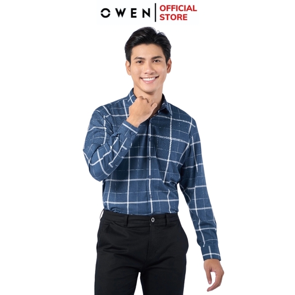 Áo Sơ Mi Nam Tay Dài Owen AR220908DT màu kẻ caro xanh trắng dáng regular fit tà lượn có túi vải sợi tre