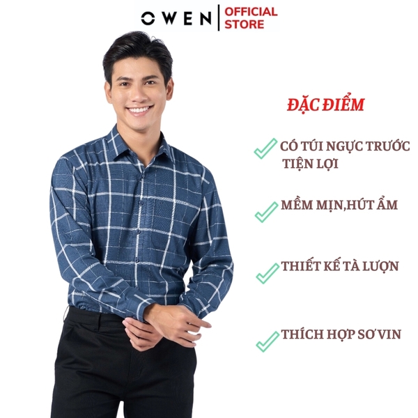 Áo Sơ Mi Nam Tay Dài Owen AR220908DT màu kẻ caro xanh trắng dáng regular fit tà lượn có túi vải sợi tre
