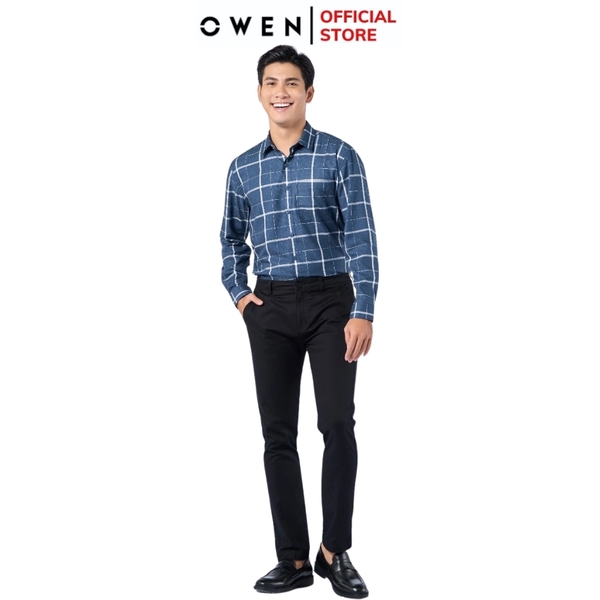 Áo Sơ Mi Nam Tay Dài Owen AR220908DT màu kẻ caro xanh trắng dáng regular fit tà lượn có túi vải sợi tre