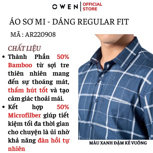 Áo Sơ Mi Nam Tay Dài Owen AR220908DT màu kẻ caro xanh trắng dáng regular fit tà lượn có túi vải sợi tre