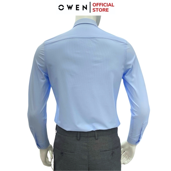 Áo Sơ Mi Nam Tay Dài Owen AS230532D màu in xanh trắng dáng slim fit tà lượn có túi chất liệu nylon