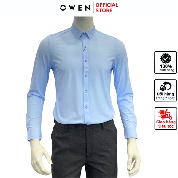 Áo Sơ Mi Nam Tay Dài Owen AS230532D màu in xanh trắng dáng slim fit tà lượn có túi chất liệu nylon