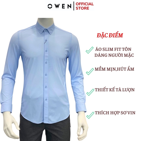 Áo Sơ Mi Nam Tay Dài Owen AS230532D màu in xanh trắng dáng slim fit tà lượn có túi chất liệu nylon