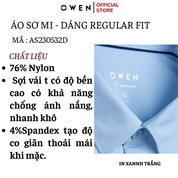 Áo Sơ Mi Nam Tay Dài Owen AS230532D màu in xanh trắng dáng slim fit tà lượn có túi chất liệu nylon