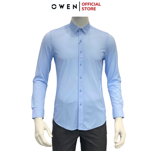 Áo Sơ Mi Nam Tay Dài Owen AS230532D màu in xanh trắng dáng slim fit tà lượn có túi chất liệu nylon