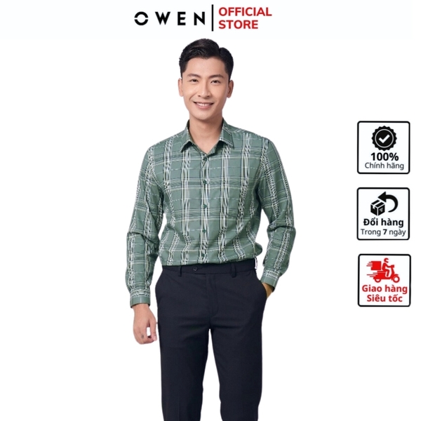 Áo Sơ Mi Nam Tay Dài Owen AR220937DT Kẻ caro xanh rêu đen Dáng Regular Fit Vải Sợi Tre ( Bamboo)