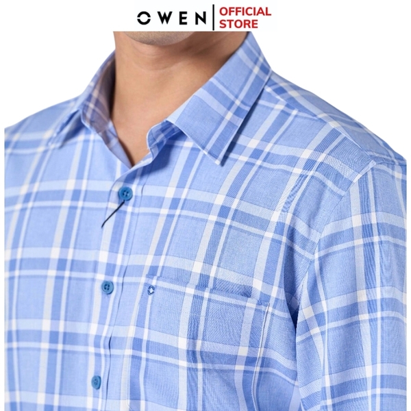 Áo Sơ Mi Nam Tay Dài Owen AR220805DT Kẻ caro lớn xanh trắng Dáng Regular Fit Tà Lượn Có Túi Vải Nano