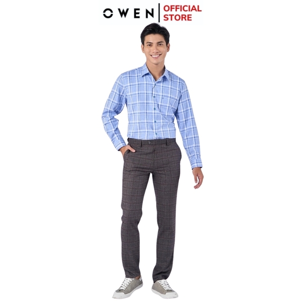 Áo Sơ Mi Nam Tay Dài Owen AR220805DT Kẻ caro lớn xanh trắng Dáng Regular Fit Tà Lượn Có Túi Vải Nano
