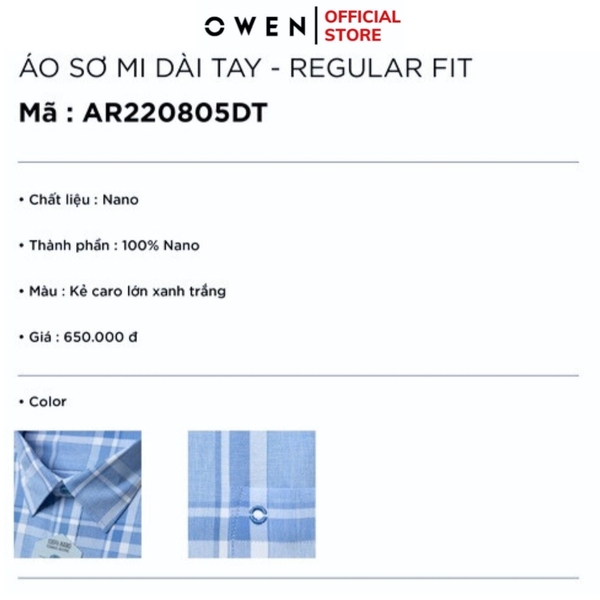 Áo Sơ Mi Nam Tay Dài Owen AR220805DT Kẻ caro lớn xanh trắng Dáng Regular Fit Tà Lượn Có Túi Vải Nano