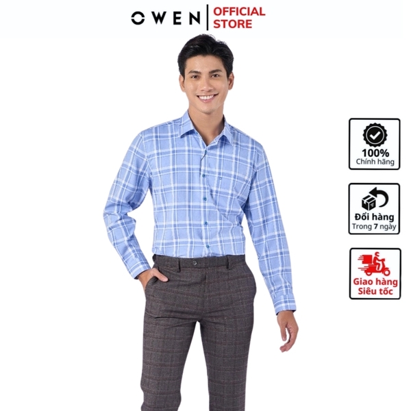 Áo Sơ Mi Nam Tay Dài Owen AR220805DT Kẻ caro lớn xanh trắng Dáng Regular Fit Tà Lượn Có Túi Vải Nano