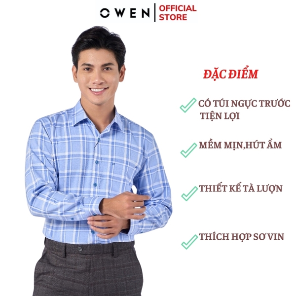 Áo Sơ Mi Nam Tay Dài Owen AR220805DT Kẻ caro lớn xanh trắng Dáng Regular Fit Tà Lượn Có Túi Vải Nano