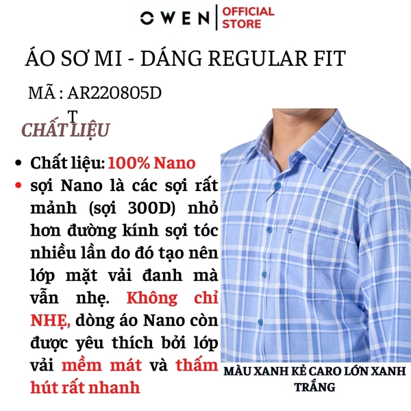 Áo Sơ Mi Nam Tay Dài Owen AR220805DT Kẻ caro lớn xanh trắng Dáng Regular Fit Tà Lượn Có Túi Vải Nano
