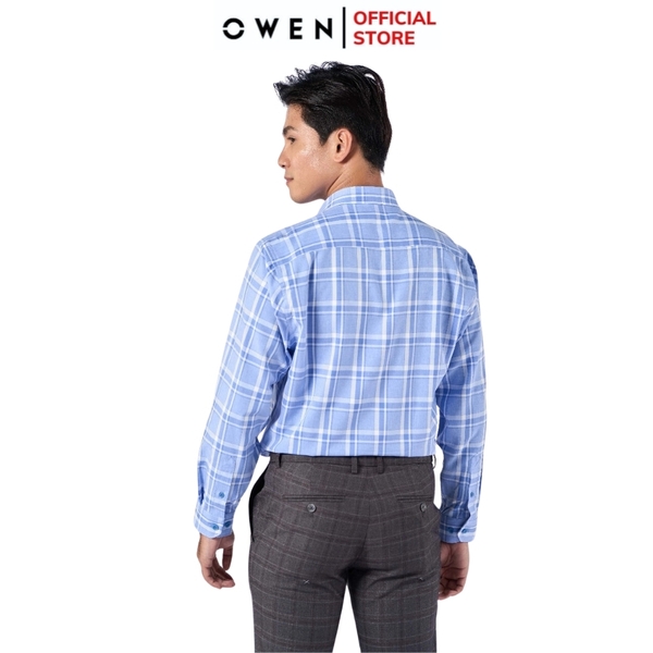 Áo Sơ Mi Nam Tay Dài Owen AR220805DT Kẻ caro lớn xanh trắng Dáng Regular Fit Tà Lượn Có Túi Vải Nano