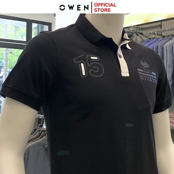 Áo Thun polo Nam Tay Ngắn Có Cổ Owen APV233187 màu đen phối trắng in chìm dáng Body fit chất liệu CVC Spandex