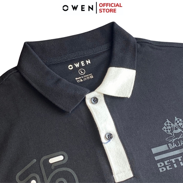Áo Thun polo Nam Tay Ngắn Có Cổ Owen APV233187 màu đen phối trắng in chìm dáng Body fit chất liệu CVC Spandex
