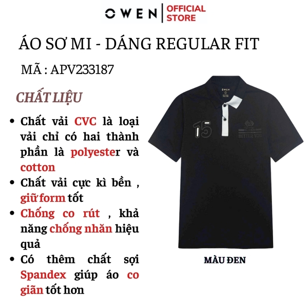 Áo Thun polo Nam Tay Ngắn Có Cổ Owen APV233187 màu đen phối trắng in chìm dáng Body fit chất liệu CVC Spandex