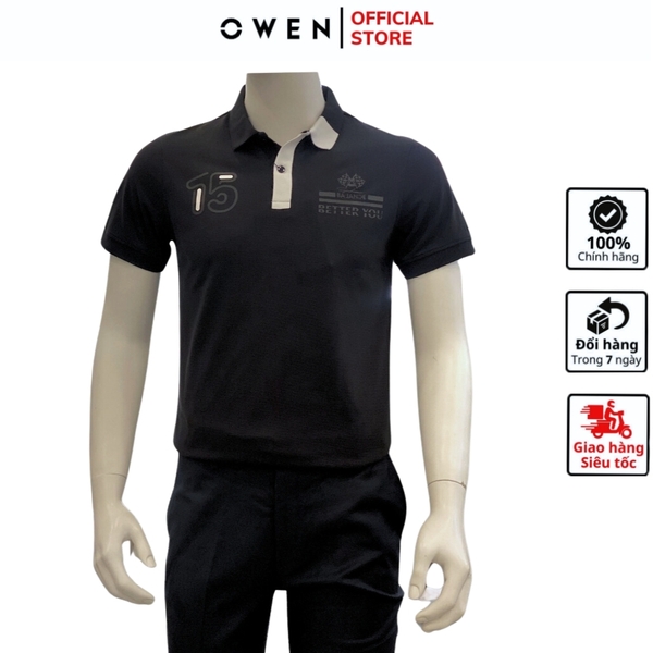 Áo Thun polo Nam Tay Ngắn Có Cổ Owen APV233187 màu đen phối trắng in chìm dáng Body fit chất liệu CVC Spandex