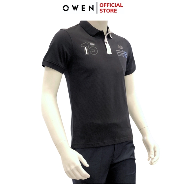Áo Thun polo Nam Tay Ngắn Có Cổ Owen APV233187 màu đen phối trắng in chìm dáng Body fit chất liệu CVC Spandex