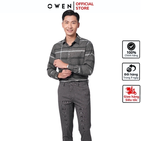 Áo Sơ Mi Nam Tay Dài Owen AR220912DT Màu kẻ rêu đen Dáng Regular Fit Tà Lượn Có Túi Vải Sợi Tre