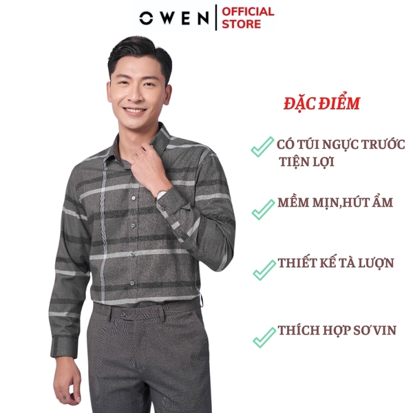 Áo Sơ Mi Nam Tay Dài Owen AR220912DT Màu kẻ rêu đen Dáng Regular Fit Tà Lượn Có Túi Vải Sợi Tre