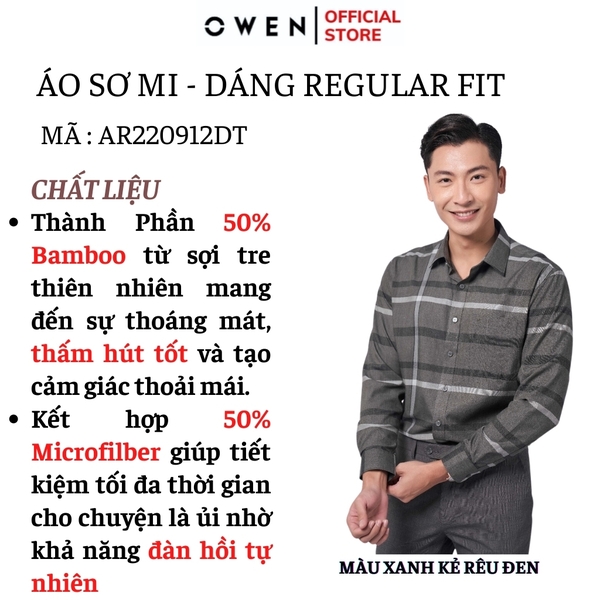 Áo Sơ Mi Nam Tay Dài Owen AR220912DT Màu kẻ rêu đen Dáng Regular Fit Tà Lượn Có Túi Vải Sợi Tre