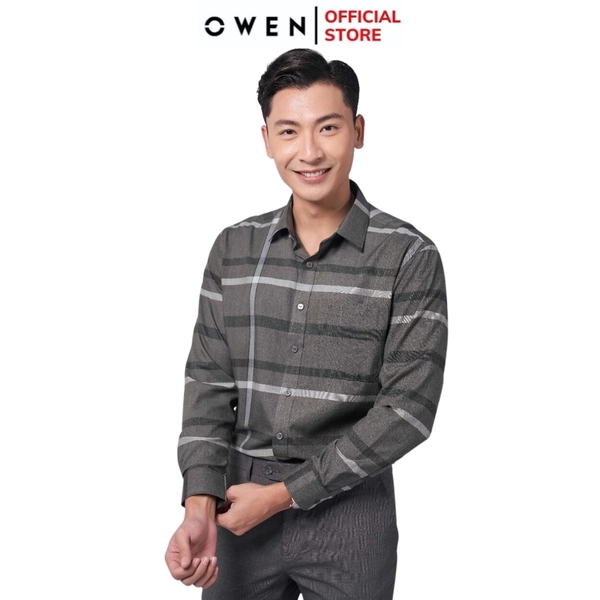 Áo Sơ Mi Nam Tay Dài Owen AR220912DT Màu kẻ rêu đen Dáng Regular Fit Tà Lượn Có Túi Vải Sợi Tre