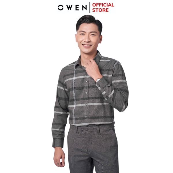 Áo Sơ Mi Nam Tay Dài Owen AR220912DT Màu kẻ rêu đen Dáng Regular Fit Tà Lượn Có Túi Vải Sợi Tre