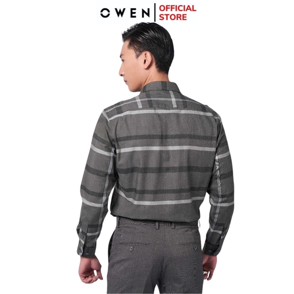 Áo Sơ Mi Nam Tay Dài Owen AR220912DT Màu kẻ rêu đen Dáng Regular Fit Tà Lượn Có Túi Vải Sợi Tre