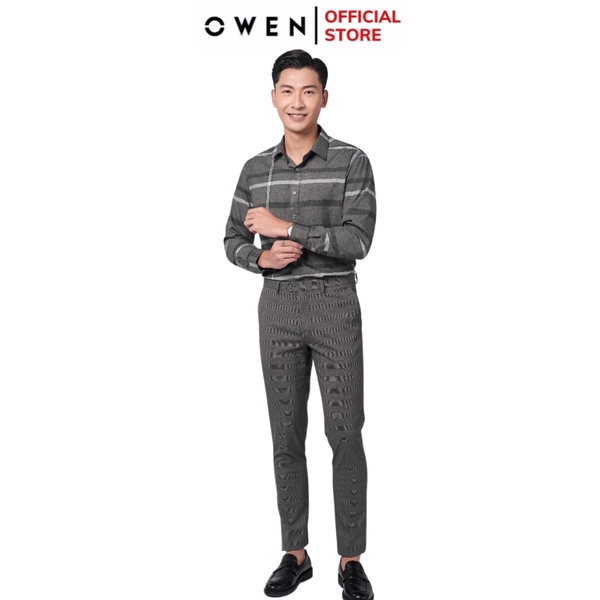 Áo Sơ Mi Nam Tay Dài Owen AR220912DT Màu kẻ rêu đen Dáng Regular Fit Tà Lượn Có Túi Vải Sợi Tre