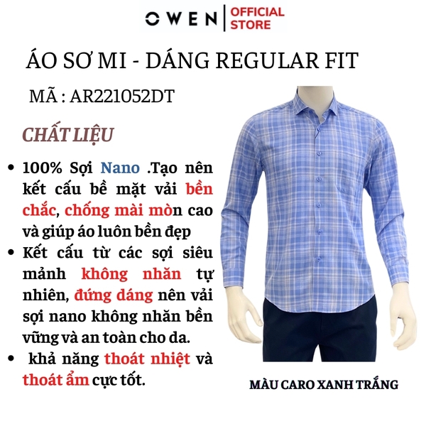 Áo Sơ Mi Nam Tay Dài Owen AR221052DT Kẻ caro xanh trắng Dáng Regular Fit Tà Lượn Có Túi Vải Nano