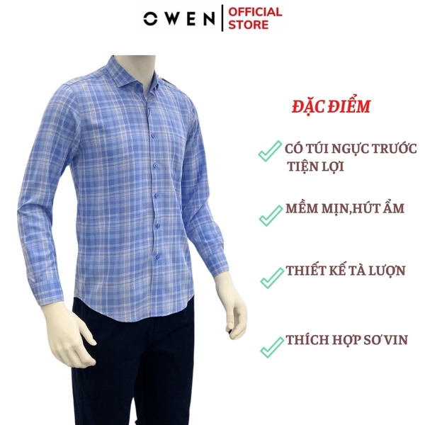 Áo Sơ Mi Nam Tay Dài Owen AR221052DT Kẻ caro xanh trắng Dáng Regular Fit Tà Lượn Có Túi Vải Nano